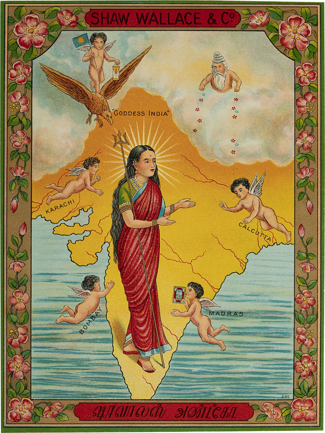 A textile label from the trading company Shaw Wallace, depicting a woman as "Goddess India," is among the examples of everyday design in the show.