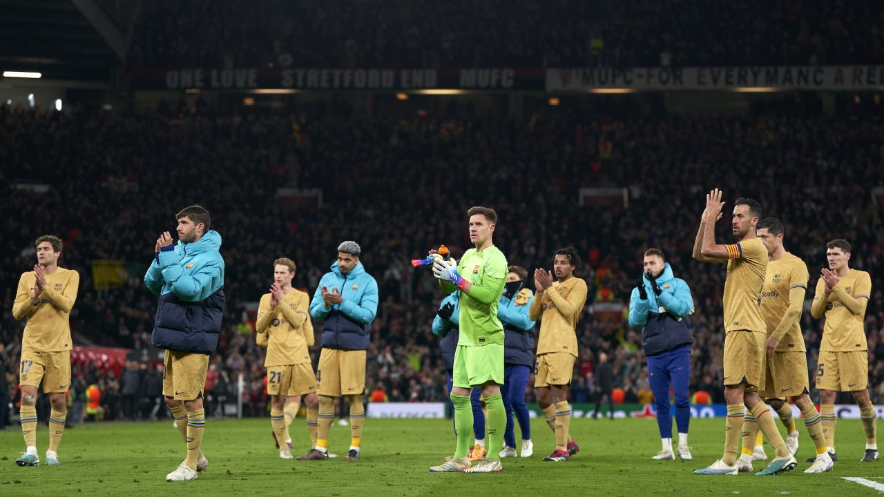 Barca players acknowledge their fans following the UEFA Europa League defeat by Manchester United.