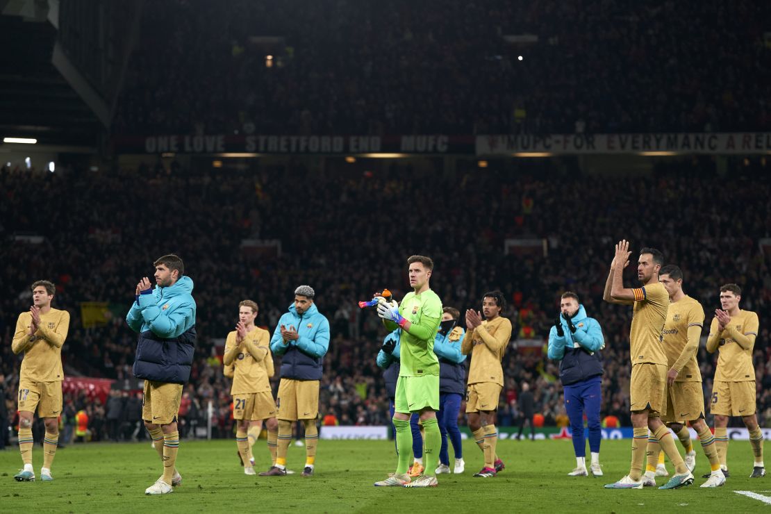 Barca players acknowledge their fans following the UEFA Europa League defeat by Manchester United.