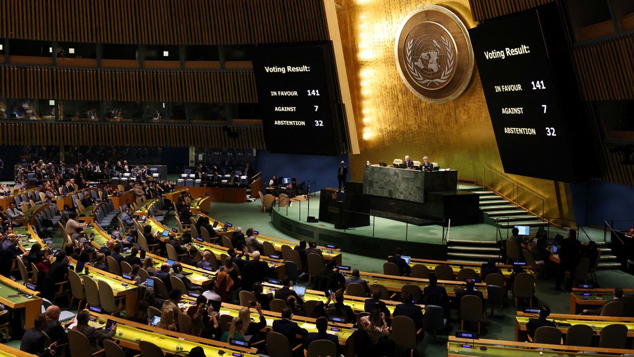 An electronic sign displays the results of a vote by delegations adopting a resolution on Ukraine during a meeting of the United Nations General Assembly to mark one year since Russia invaded Ukraine, at UN headquarters in New York City on Thursday.