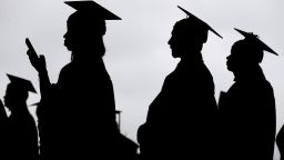 In this May 2018 photo, new graduates line up before the start of a community college commencement in East Rutherford, New Jersey.