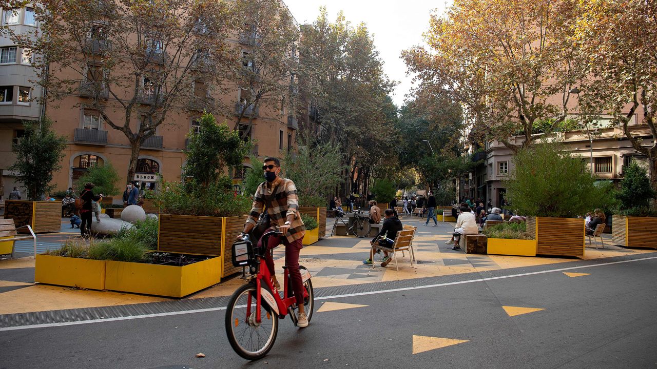 A pedestrian area part of the "superblock" plan promoting cycling and car-free zones in Barcelona, Spain.