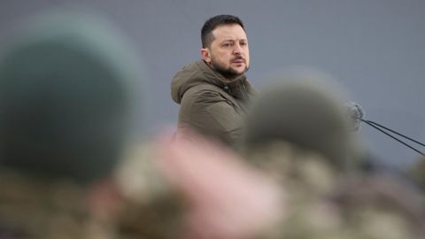 President Volodymyr Zelensky, pictured on February 24, 2023, condemned footage of a Ukrainian soldier being executed by Russian forces.