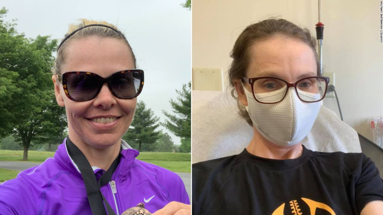Michaelene Carlton is shown here before long covid, on the left, in May 2019, and on the right in the hospital in July 2021. 