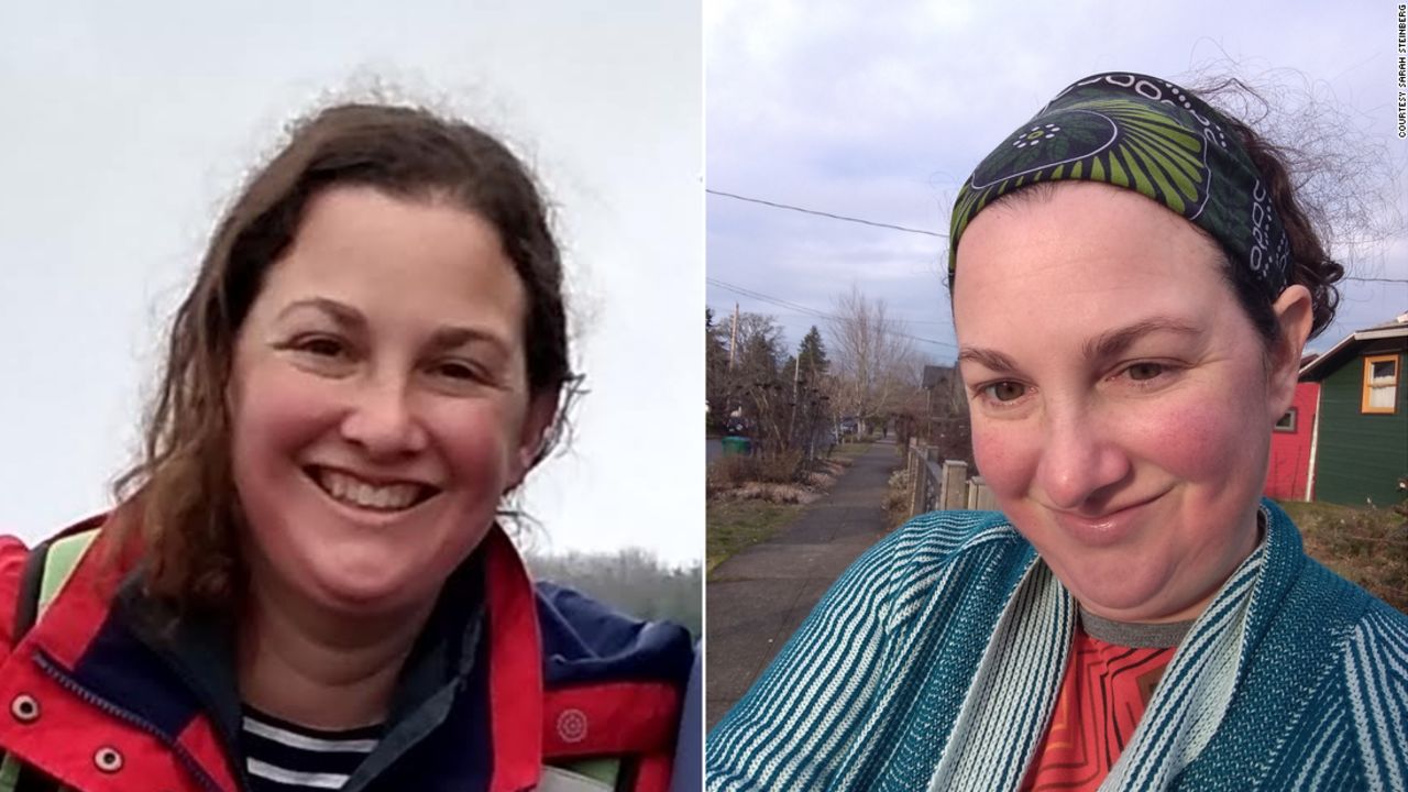 On the left, Sarah Steinberg is shown during a mountain hiking trip in December 2019; on the right, in January of this year: "made it to the bus stop and took a selfie to commemorate it."