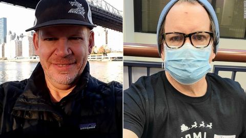 Left: Ty Godwin in 2017 on a New York City visit. Right: in December 2020, waiting at the doctor's office.