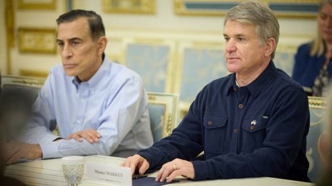 U.S. Congressmen lead by Chairman of the House Foreign Affairs Committee Michael McCaul attend a meeting with Ukraine's President Volodymyr Zelenskiy, amid Russia's attack on Ukraine, in Kyiv, Ukraine February 21, 2023. 