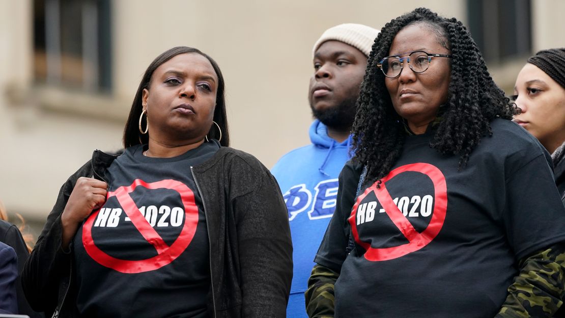 People rally outside the Mississippi Capitol in Jackson in opposition to Mississippi House Bill 1020.