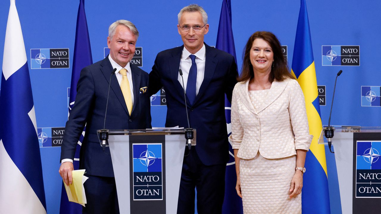 NATO Secretary General Jens Stoltenberg meets Swedish and Finnish foreign ministers in July 2022. One NATO diplomat told CNN it's likely that Finland breaks from Sweden and goes for membership alone.