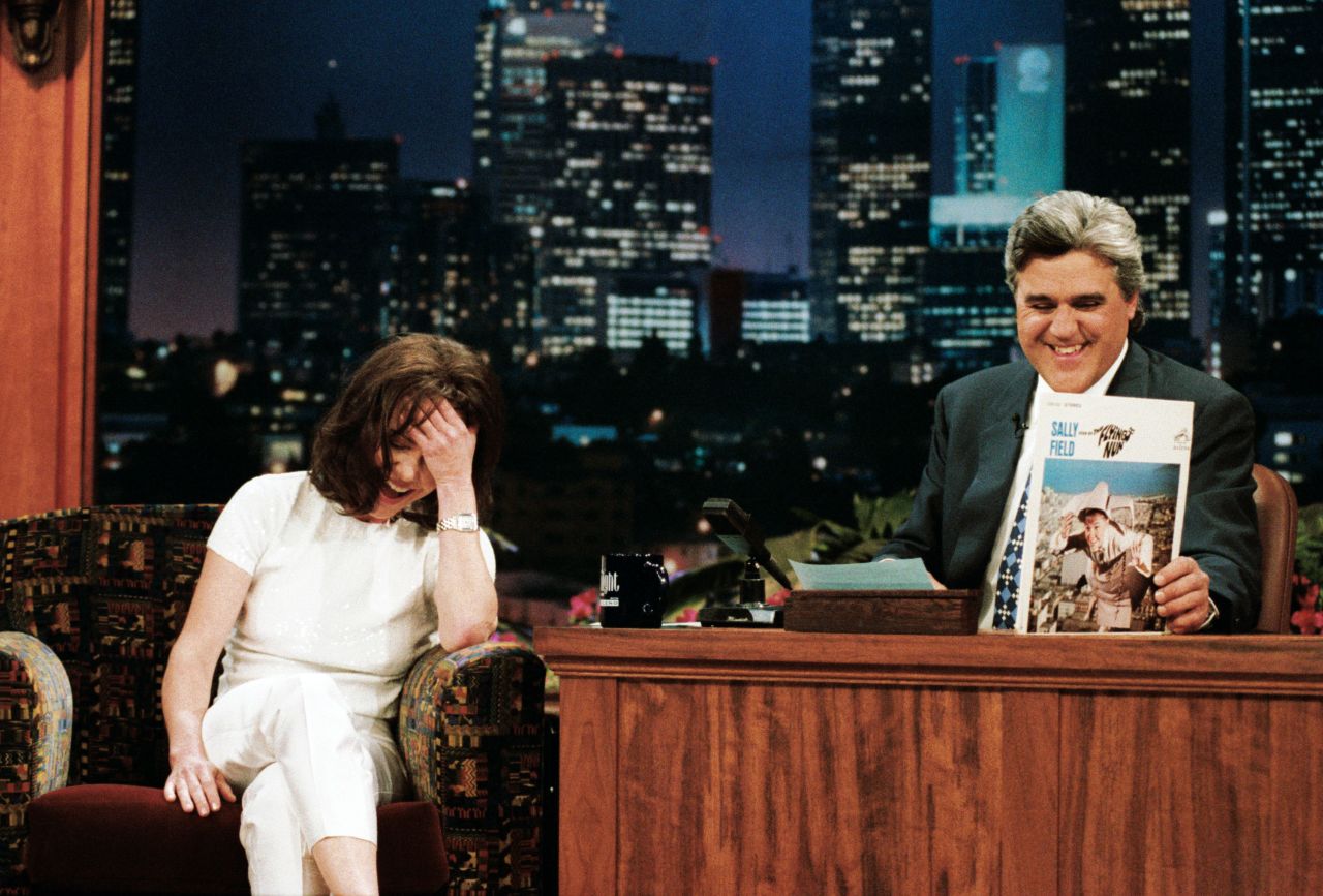 Jay Leno shows a photo of Field's "Flying Nun" character on "The Tonight Show" in 1996.
