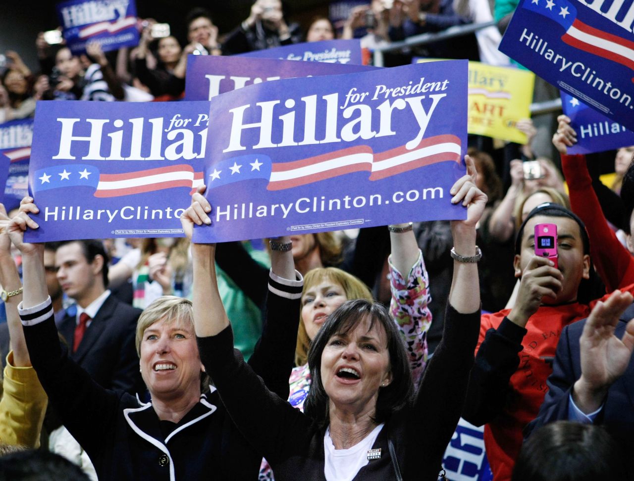 Field attends a rally for presidential candidate Hillary Clinton in 2008.
