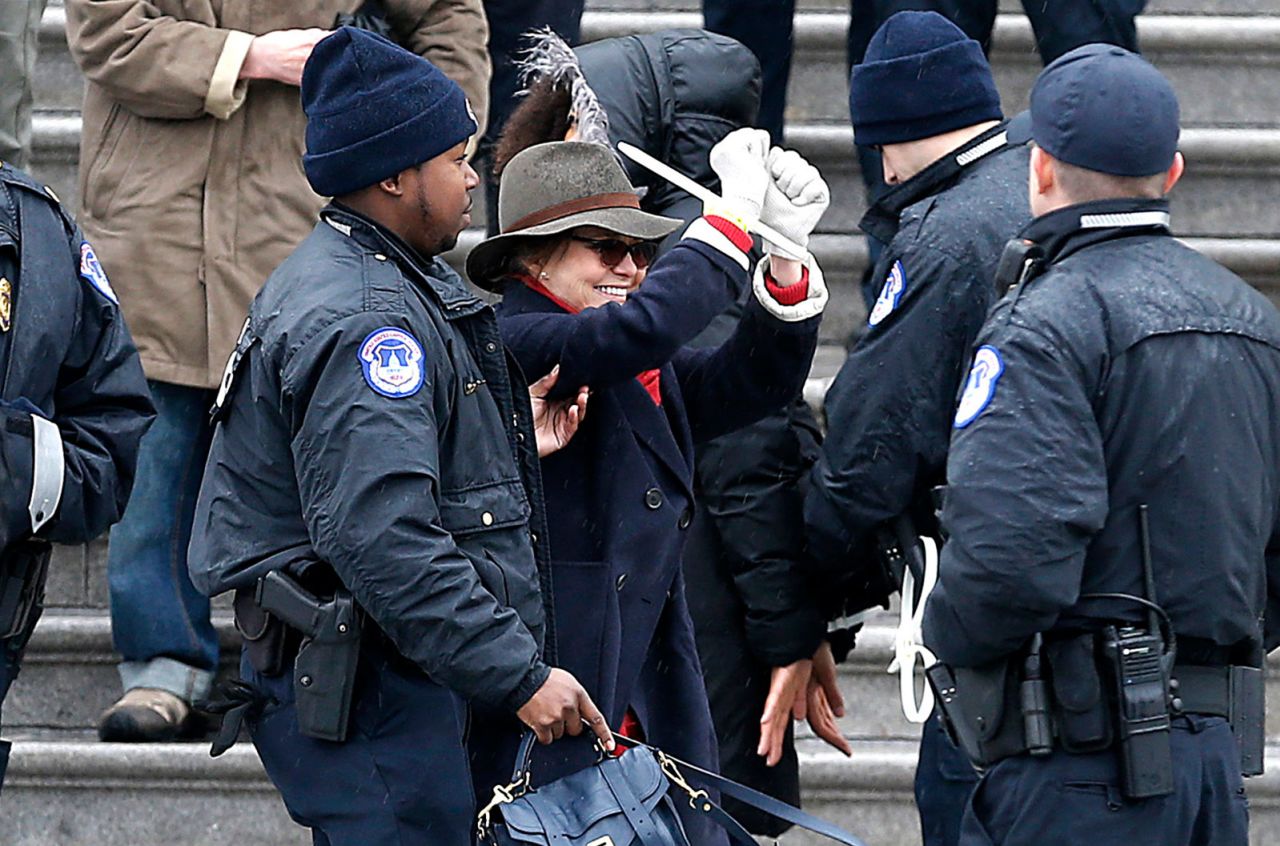 <a href="https://www.cnn.com/2019/12/13/entertainment/sally-field-arrested-climate-protests-trnd/index.html" target="_blank">Field is arrested</a> in Washington, DC, during one of Jane Fonda's "Fire Drill Friday" climate protests in 2019. In what she said was an unrehearsed speech, Field urged attendees to get out of their comfort zones and embrace drastic change to protect the environment.