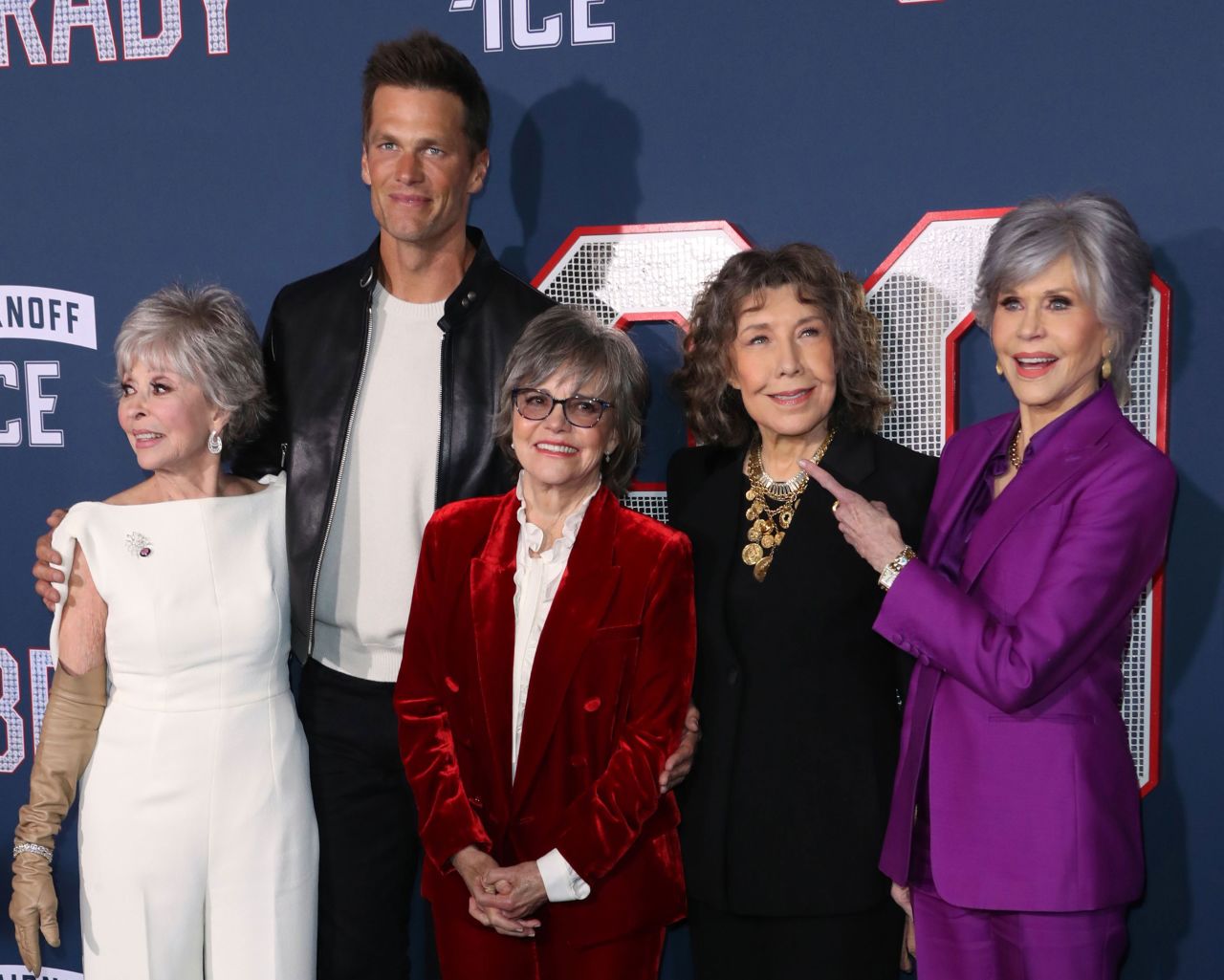 Field and her "80 for Brady" co-stars attend the film's premiere with NFL legend Tom Brady in January 2023. From left are Rita Moreno, Brady, Field, Lily Tomlin and Fonda.