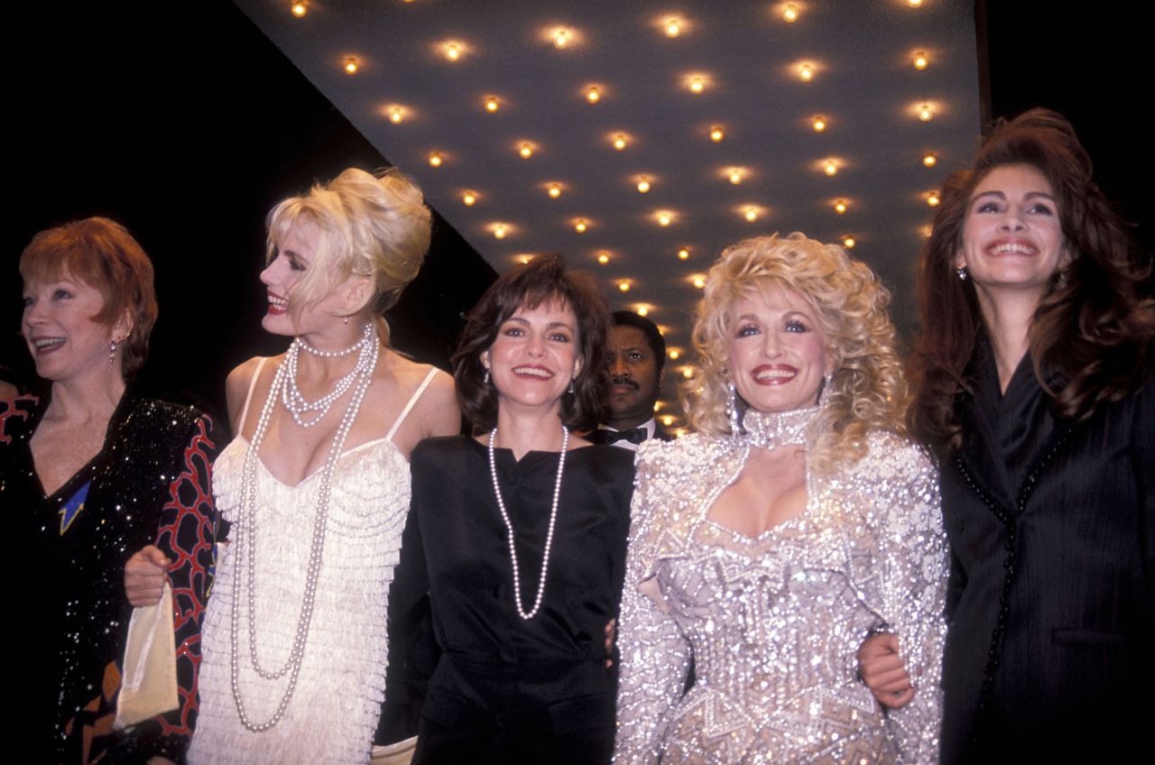 From left, Shirley MacLaine, Daryl Hannah, Field, Dolly Parton and Julia Roberts attend the "Steel Magnolias" premiere in 1989.