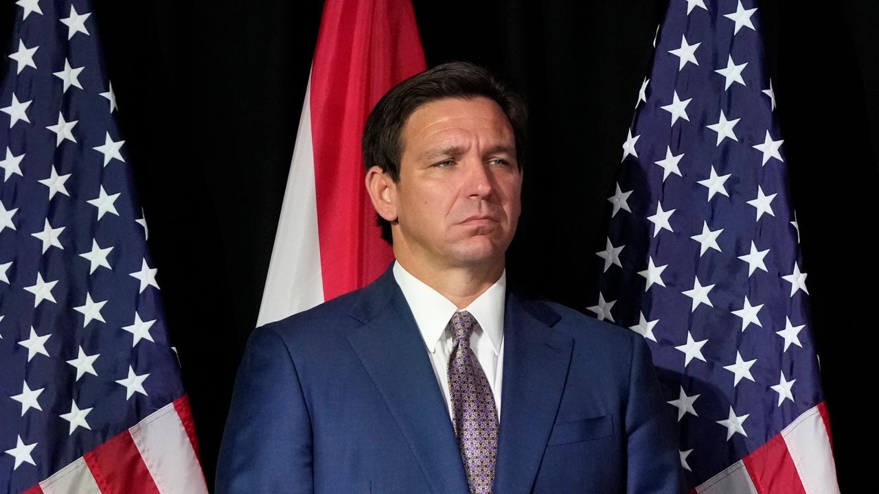 Florida Gov. Ron DeSantis looks on after announcing a proposal for a digital bill of rights in West Palm Beach on February 15, 2023.