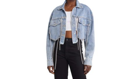 underscored Nordstrom AZALEA WANG Chain Fringe Crop Denim Jacket