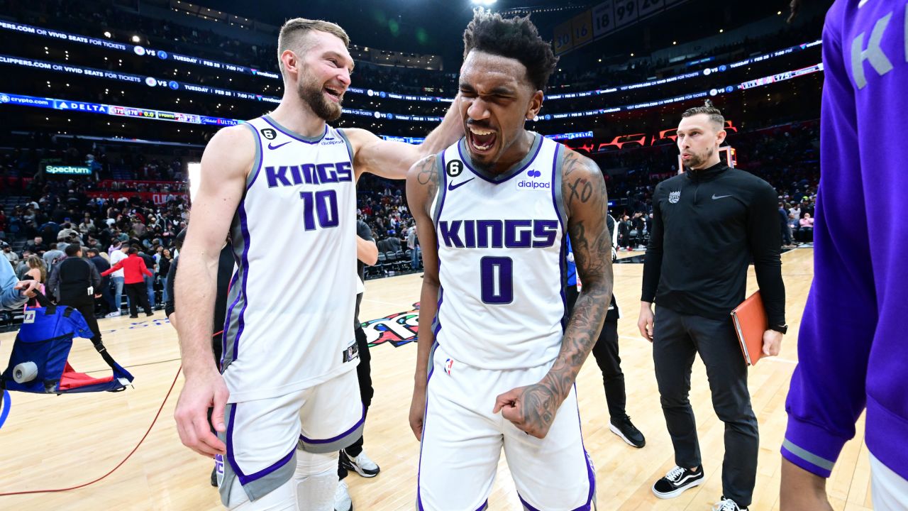 Malik Monk celebrates after the Sacramento Kings beat the Los Angeles Clippers in double overtime.