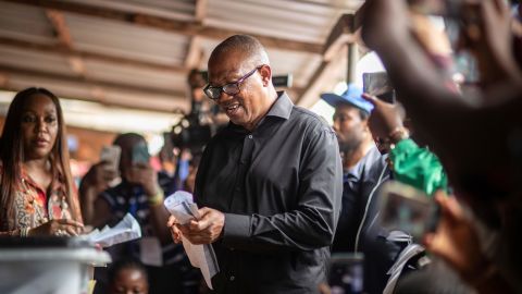 Nigeria's Labour Party's candidate Peter Obi casts his vote during the presidential elections in Agulu, Nigeria.