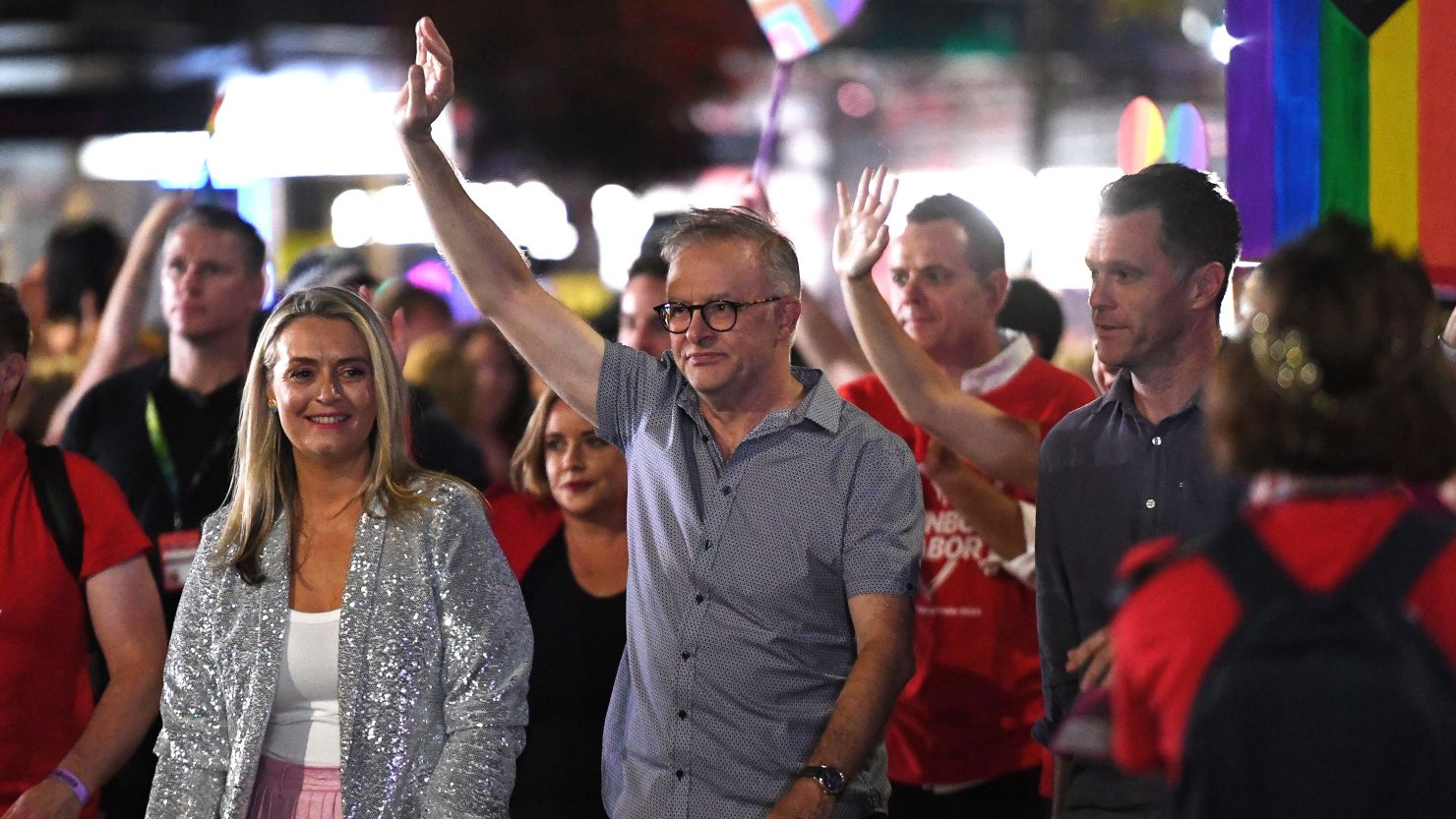 Australia's Prime Minister Anthony Albanese (C) attends the 45th annual Gay and Lesbian Mardi Gras parade on Oxford Street in Sydney, Australia, 25 February 2023.