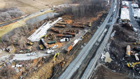 A view of the site of the derailment of a train carrying hazardous waste in East Palestine, Ohio, February 23, 2023.   