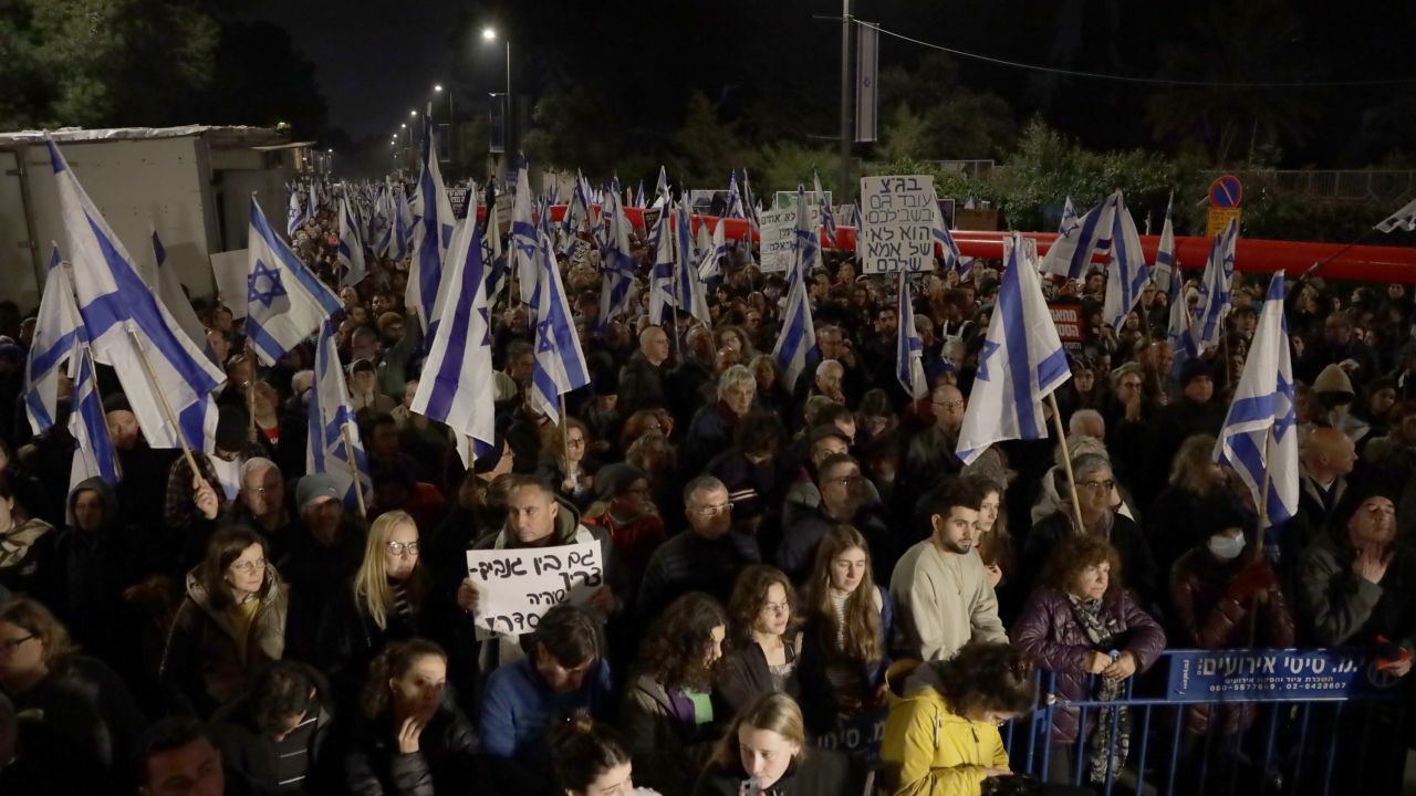 People demonstrate in Jerusalem on Saturday against the Israeli government's plans to weaken the country's judicial system.