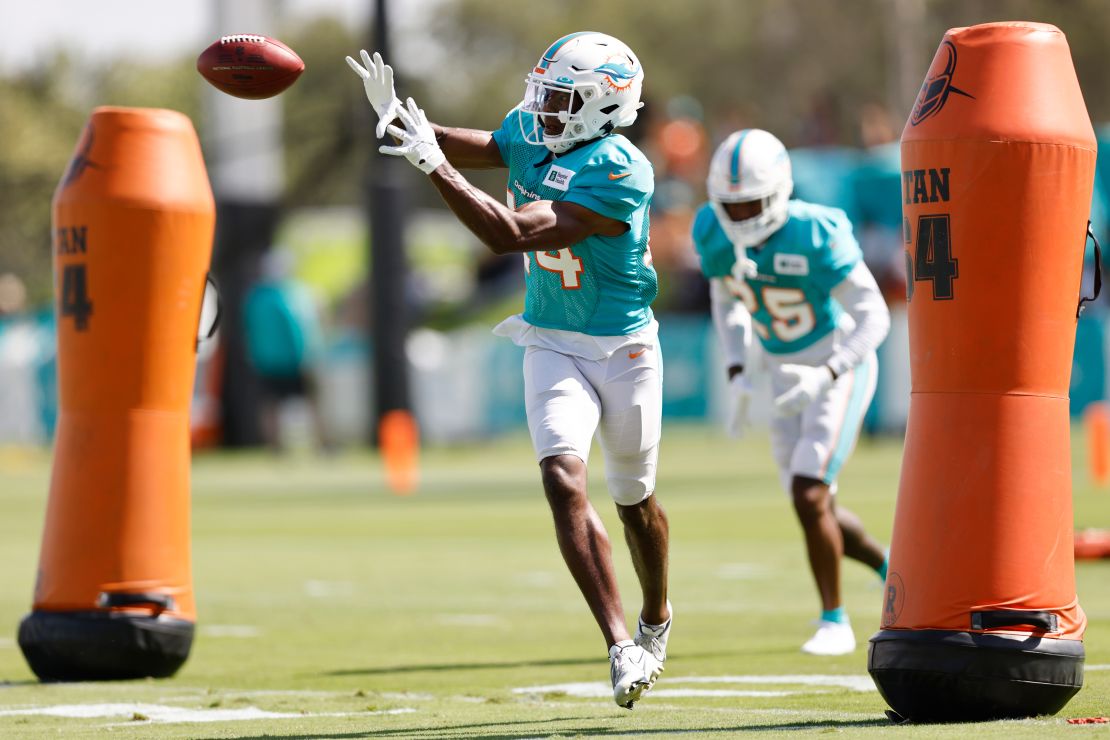 Jones catches the ball during joint practice between the Dolphins and the Atlanta Falcons at Baptist Health Training Complex on August 19, 2021.