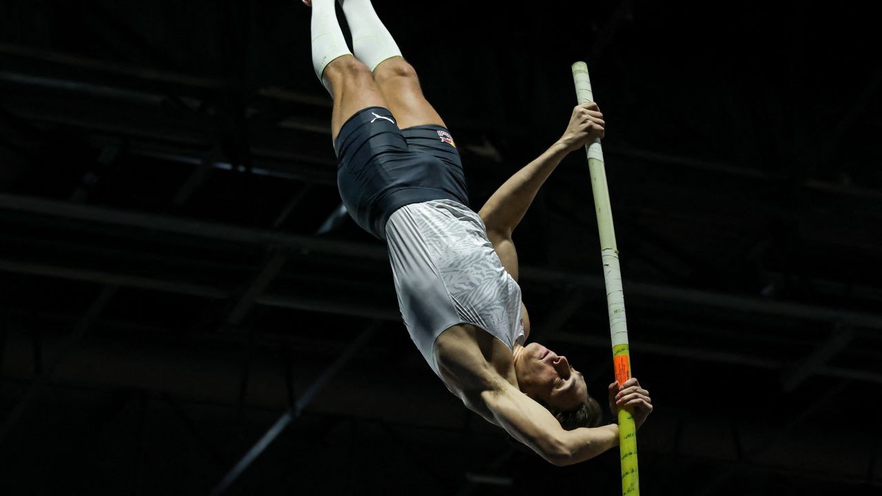 Duplantis competes and sets a new world record in the men's pole vault at the All Star Perche 2023 event in Clermont-Ferrand, France. 