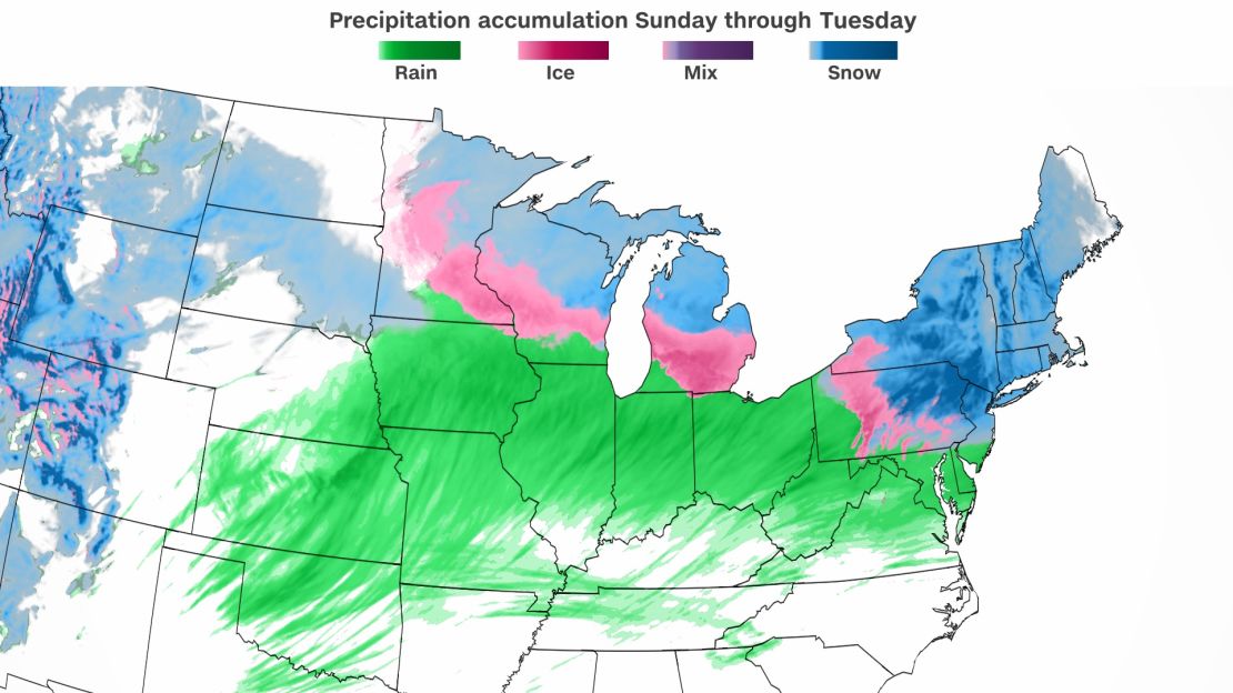 Precipitation will fall in the form of rain (green), snow (blue), and ice (pink) as a storm system travels from the Central Plains on Sunday into the Northeast through Tuesday morning.