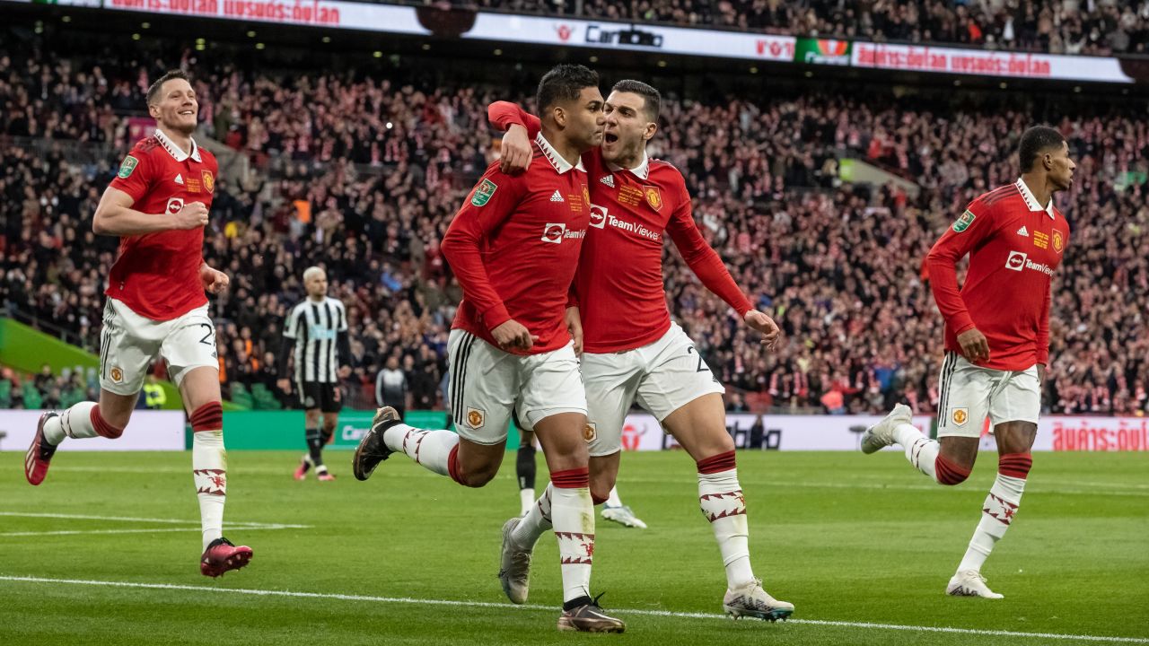 Casemiro celebrates scoring Manchester United's first goal in the Carabao Cup final.