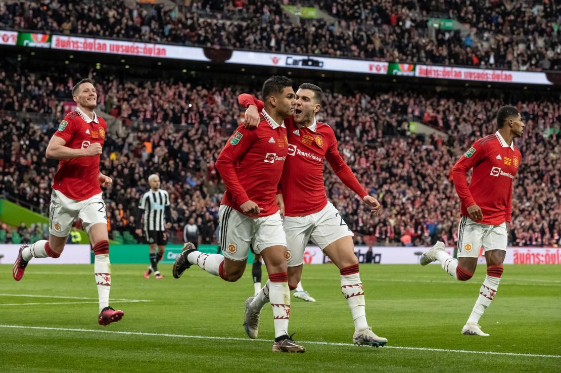 Casemiro celebrates scoring Manchester United's first goal in the Carabao Cup final.