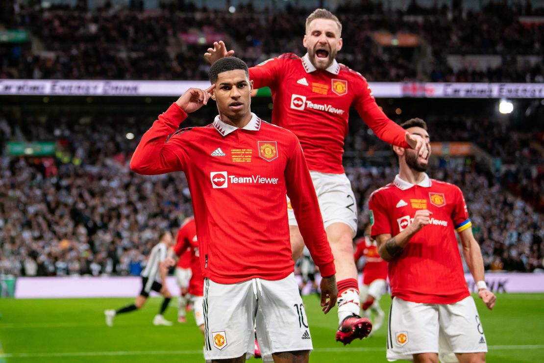 Rashford celebrates after Manchester United's second goal in the Carabao Cup final.