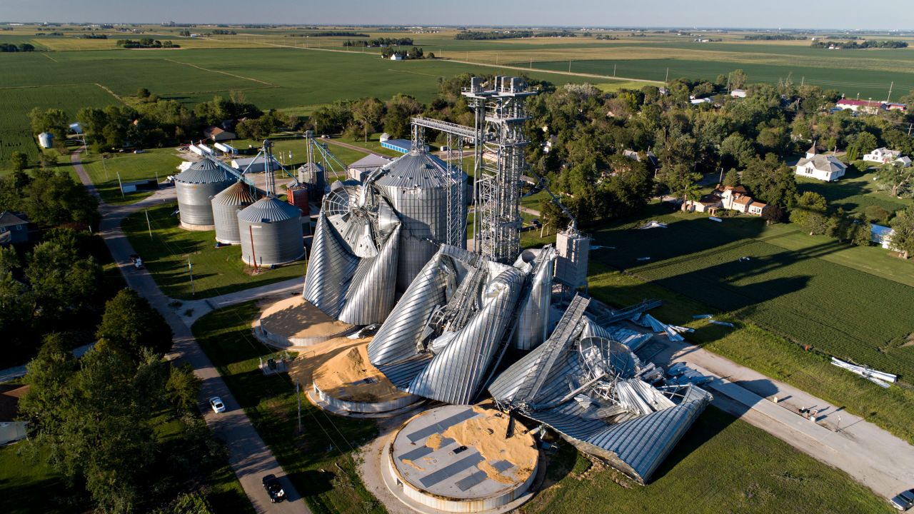 Damaged grain bins seen on August 11, 2020 in Luther, Iowa, a day after the windstorm.
