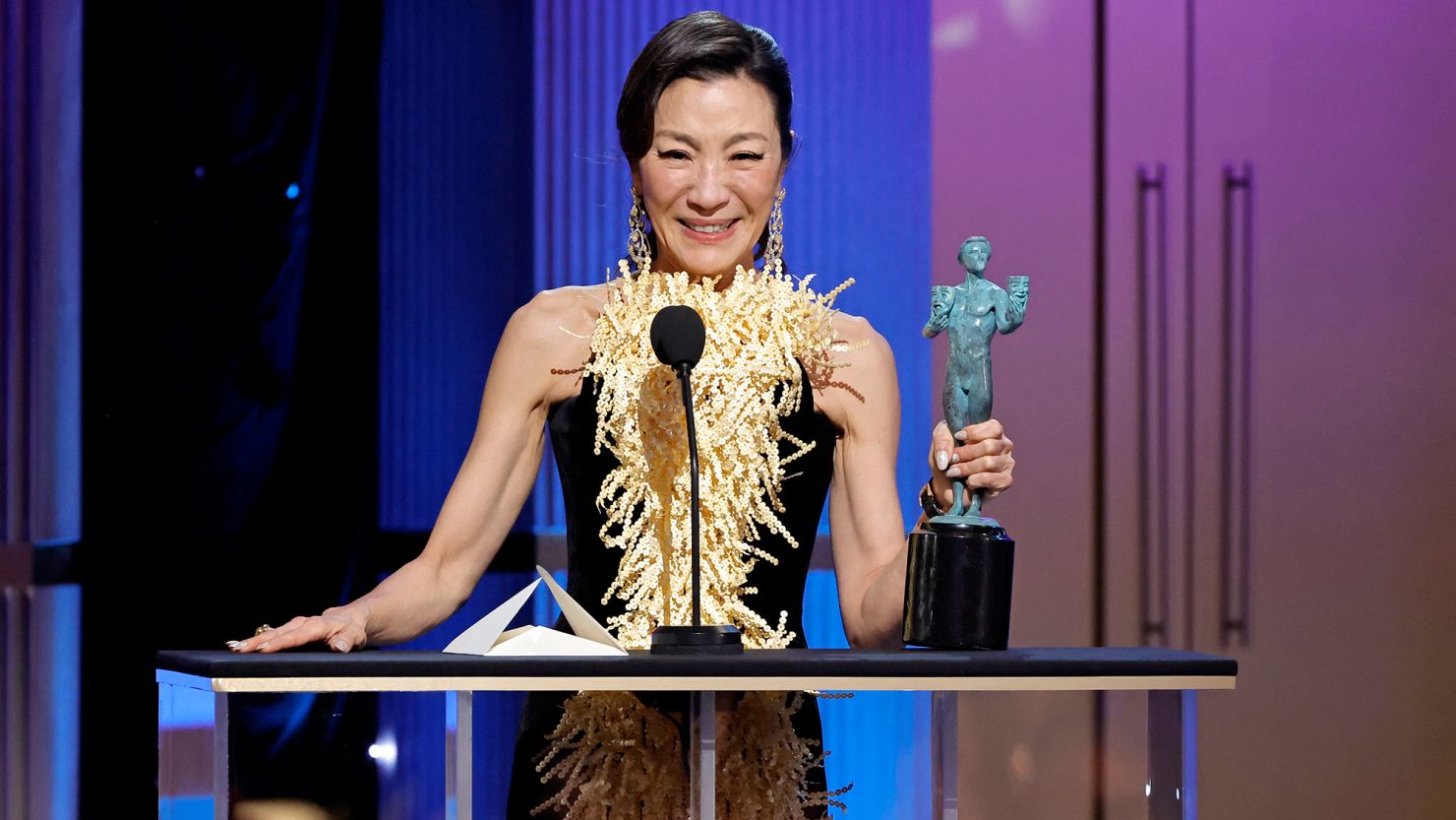 Michelle Yeoh won an historic 2023 Screen Actors Guild award Sunday for outstanding performance by a female actor in a lead role for 'Everything Everywhere All at Once.'