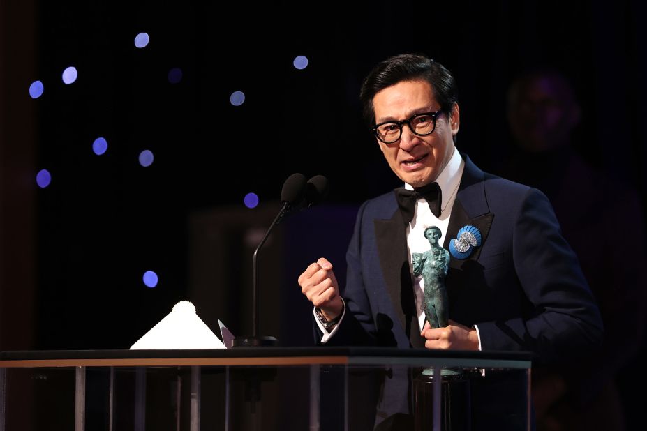 Ke Huy Quan accepts the supporting male actor in a film award for "Everything Everywhere All At Once." 