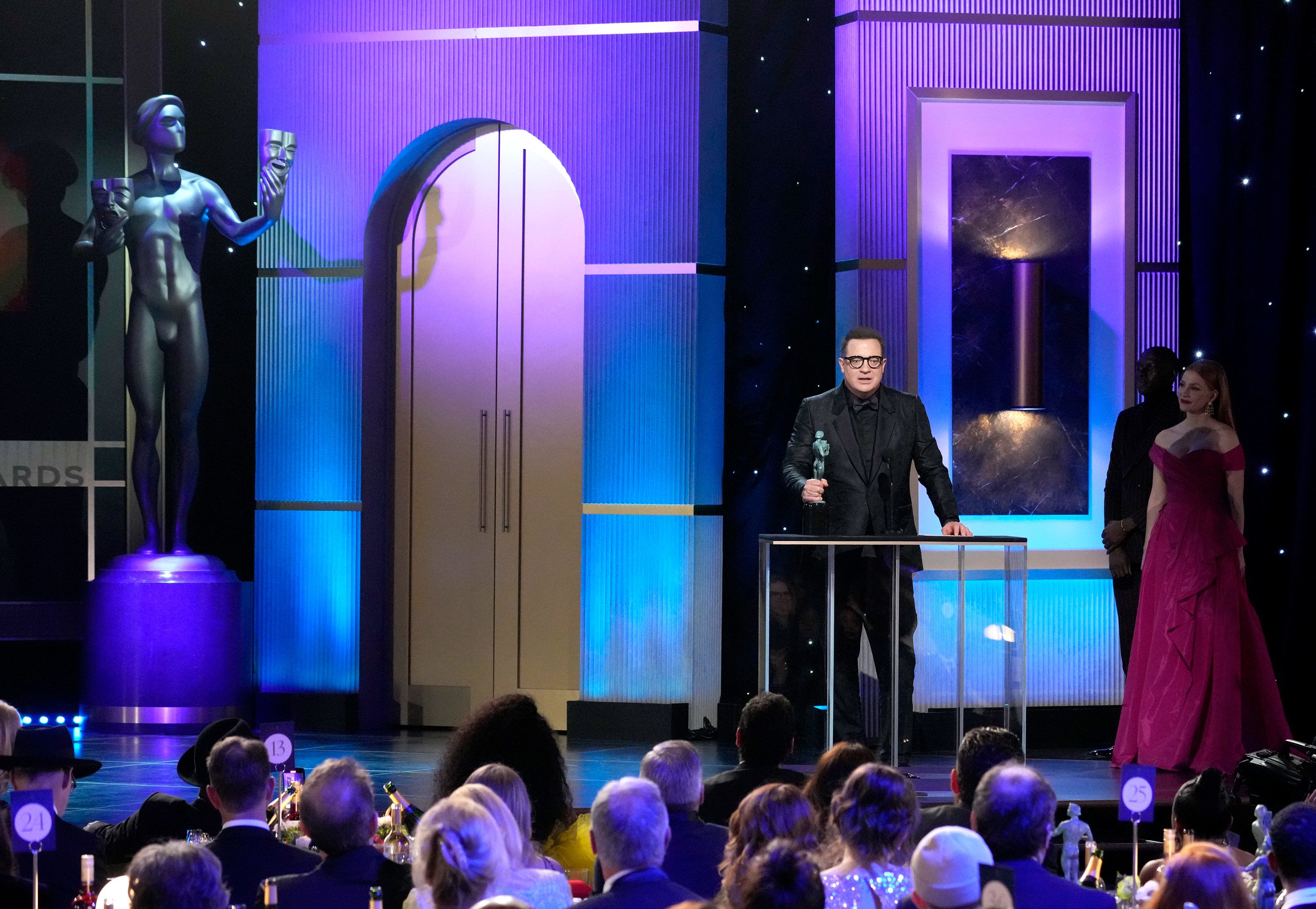 Brendan Fraser accepts the award for leading male actor in a film for "The Whale."