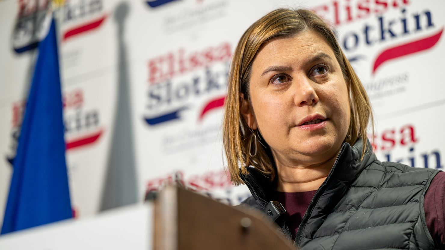 Rep. Elissa Slotkin speaks to reporters at a press conference on November 9, 2022 in East Lansing, Michigan.