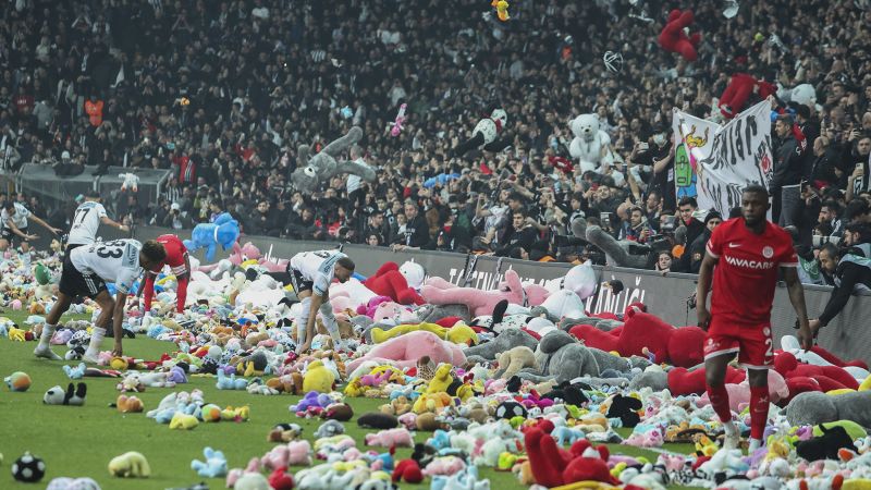 Turkish soccer fans throw stuffed animals on the field, vent dissatisfaction with government quake response | CNN