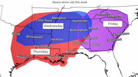 The areas most at risk for severe storms this week depicted in blue for Wednesday, red for Thursday, and purple for Friday.