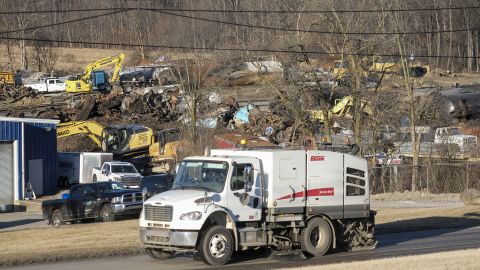 Crews remove and dispose of wreckage from the Norfolk Southern train derailment on February 20.