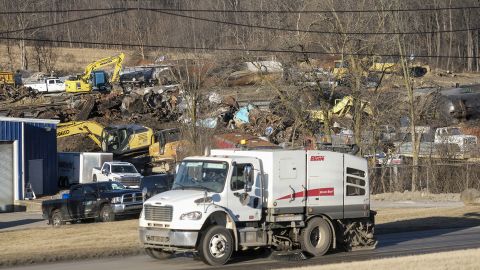 Work crews and contractors remove and dispose of wreckage from a Norfolk Southern train derailment in East Palestine, Ohio, US, onFebruary 20, 2023.