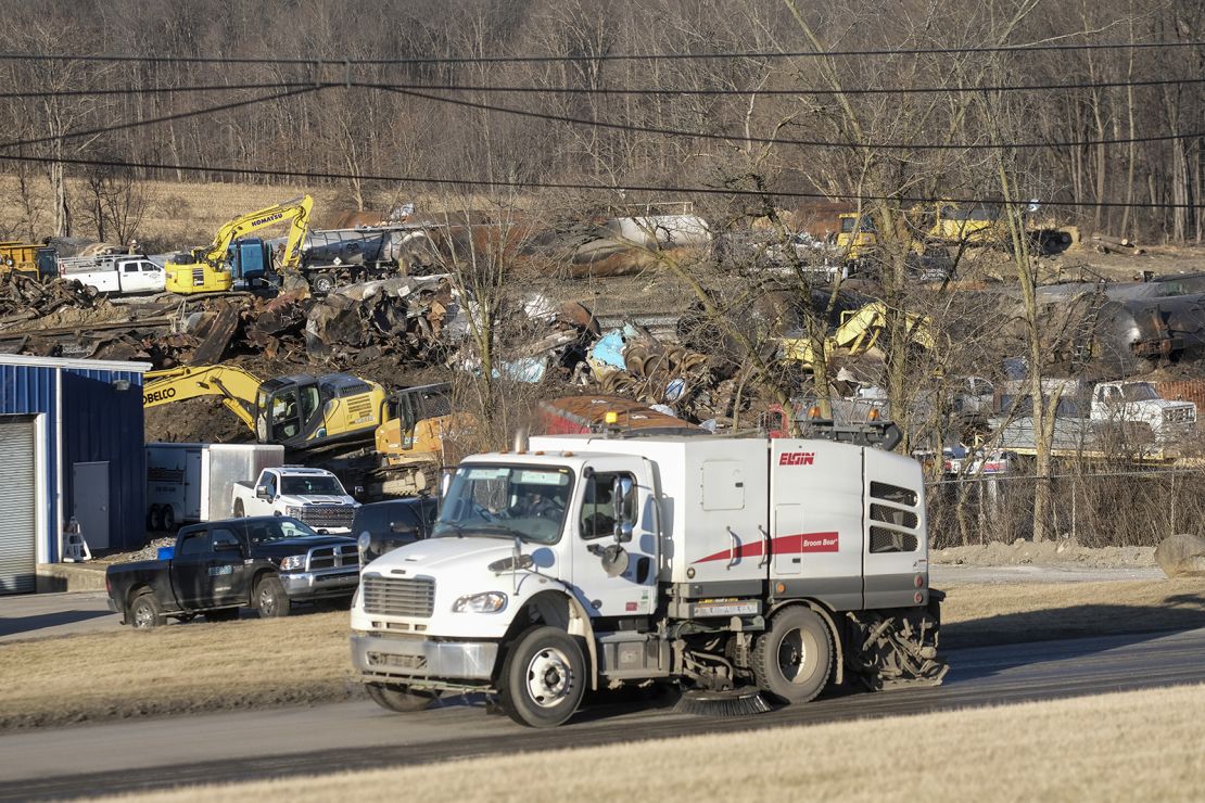 Crews remove and dispose of wreckage from the Norfolk Southern train derailment on February 20.