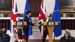 Britain's Prime Minister Rishi Sunak and EU Commission President Ursula von der Leyen, right, shake hands after a press conference at Windsor Guildhall, Windsor, England, Monday Feb. 27, 2023. The U.K. and the European Union ended years of wrangling and acrimony on Monday, sealing a deal to resolve their thorny post-Brexit trade dispute over Northern Ireland. 
