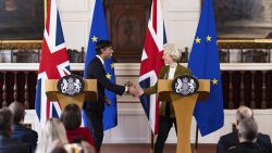 Britain's Prime Minister Rishi Sunak and EU Commission President Ursula von der Leyen, right, shake hands after a press conference at Windsor Guildhall, Windsor, England, Monday Feb. 27, 2023. The U.K. and the European Union ended years of wrangling and acrimony on Monday, sealing a deal to resolve their thorny post-Brexit trade dispute over Northern Ireland.