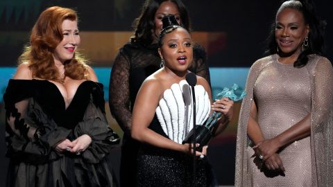 Lisa Ann Walter, Quinta Brunson and Sheryl Lee Ralph accept the award for outstanding performance by an ensemble in a comedy series.