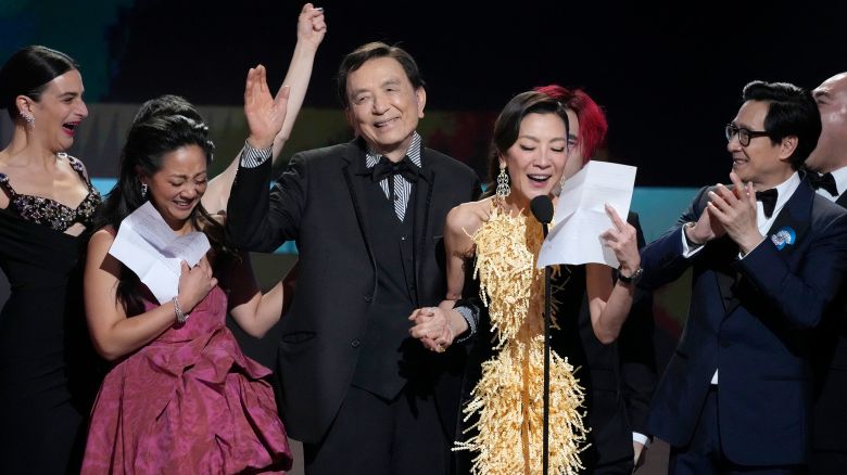 Jenny Slate, from left, Stephanie Hsu, James Hong, Michelle Yeoh, and Ke Huy Quan accept the award for outstanding performance by a cast in a motion picture for "Everything Everywhere All at Once" at the 29th annual Screen Actors Guild Awards on Sunday, Feb. 26, 2023, at the Fairmont Century Plaza in Los Angeles.
