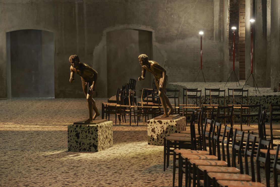 At Bottega Veneta, Matthieu Blazy loaned Roman bronze statues dating back 1 BC for his set.