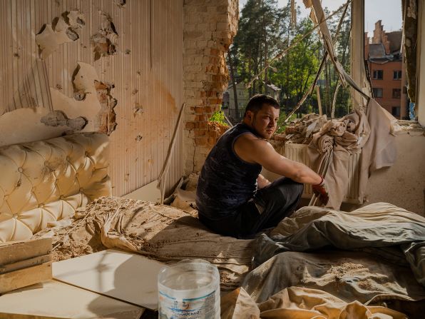 Photographer Sasha Maslov was shortlisted for this portrait, taken at a damaged apartment building in the city of Irpin, Ukraine.