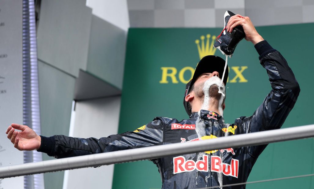 As one of the circuit's most beloved drivers, Daniel Ricciardo making the podium delighted fans even before he introduced the "shoey" to Formula One. The ever-smiling Aussie first celebrated that way after finishing second at the German Grand Prix in 2016, and drinking champagne out of his racing boot has become his signature celebration ever since.