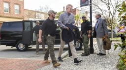 Alex Murdaugh is escorted into the the Colleton County Courthouse in Walterboro, S.C., before the start of his double murder trial, Monday, Feb. 27, 2023. The 54-year-old attorney is standing trial on two counts of murder in the shootings of his wife and son at their Colleton County, S.C., home and hunting lodge on June 7, 2021. (Jeff Blake/The State via AP, Pool)