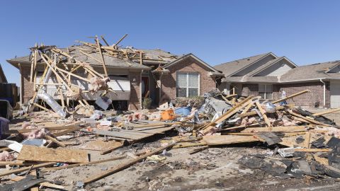 A home sits damaged along Frost Lane on February 27, 2023 in Norman, Oklahoma. 